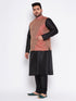 Vastramay Men's Plus Size Maroon Woven Nehru Jacket With Black Kurta And Pyjama Set